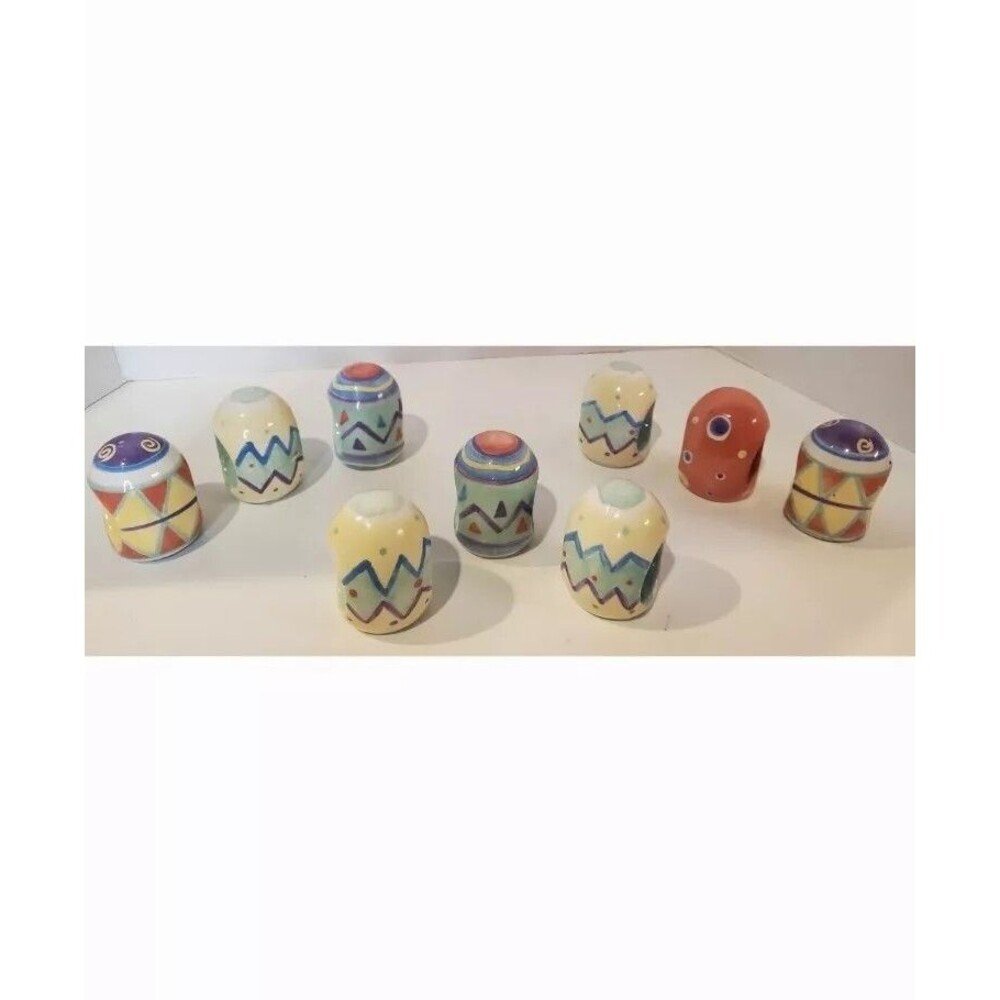 Easter Color Egg Napkin Holder Rings 9 Pc Ceramic Fun Pastel Glaze Designs Decor